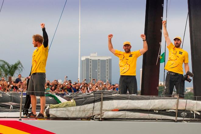 Luke 'Parko' Parkinson, skipper Ian Walker and Onboard Reporter Matt Knighton celebrate Azzam's landmark Volvo Ocean Race leg five victory - Volvo Ocean Race 2015 ©  Ian Roman / Abu Dhabi Ocean Racing